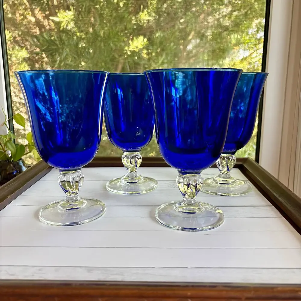 Vintage Cristal D’Arques Cobalt Blue Goblets Set of 4 Wine Glasses